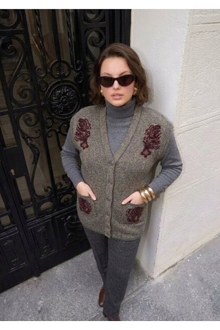 Onno Style Women Karyağdı Gül Desenli Çelik Örgü Triko Kadın Yelek Gri