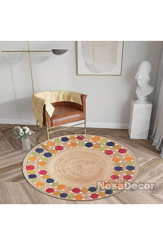 Renkli Mandala Halısı Kilim Desenli Halı Şönil Yuvarlak Kısa Havlı Mutfak Halısı Ve Yatak Odası Halısı Kapı Önü Paspas 80 X 80 Cm