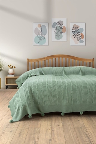 Çift Kişilik Ponponlu Triko Örme Battaniye Mint Yeşili