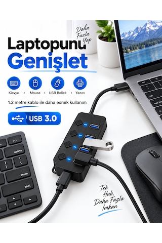 4 Port Usb 3.0 Hub 1.2 Metre Kablolu, Bağımsız Aç/kapa Tuşlu, Adaptör Destekli