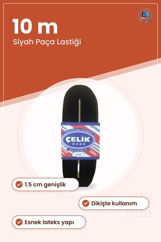 Siyah Paça Lastikı 10 M 1.5 Cm Dekoratif Şerit Dikiş Hobi Malzeme