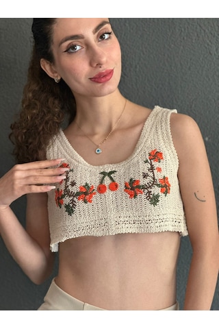 Gönülden Tasarım Triko Kirazlı Nakış İşleme Kadın Crop Renkli