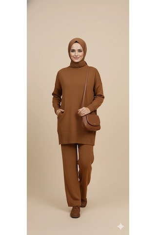 Triko Tunik Pantolon Tesettür Takım Kahve