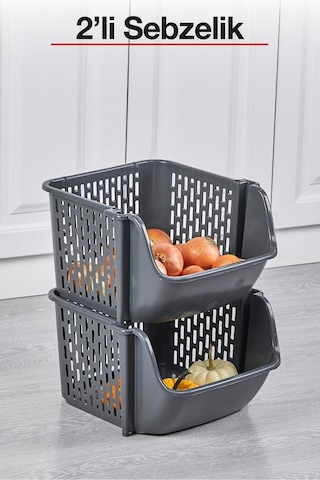2 Katlı Tekerleksiz Plastik Sebzelik Patates Soğanlık Saklama Ünitesi Mutfak Organizeri Gri