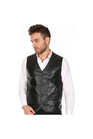 Deriwork Hakiki Deri Siyah Casual Düğmeli Erkek Deri Yelek Siyah