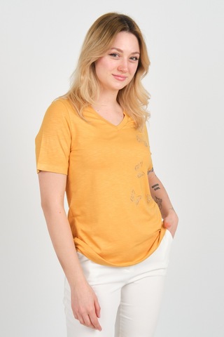 Ella Camelia Kadın Kelebek Şekilli Taş Süslemeli V Yaka Kısa Kollu Bluz 24e047 Hardal HARDAL