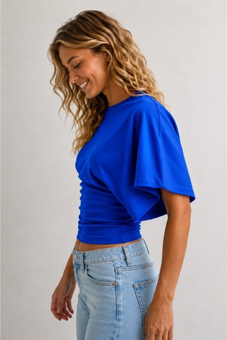 Overmax Bele Oturan Oversize Kollu Premium Crop Bluz Mavi - 880759104 Mavi