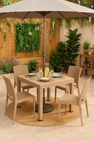 Rattan 80x80 Camsız Cappucino Masa / 4 Adet Rattan Kolsuz Cappucino Sandalye Takımı Cappucino