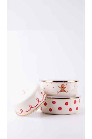 Merry Yılbaşı Özel Emaye Üçlü Saklama Kabı Seti Krem