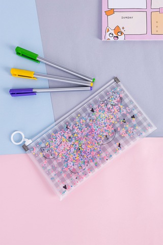 Simli Şeffaf Kalem Çantası - Kedi Desen