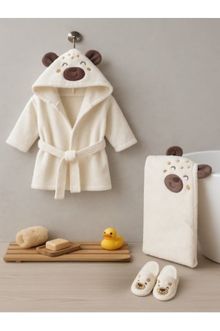 Sevimli Köpekçik Bebek Bornoz Seti 4 Parça Krem