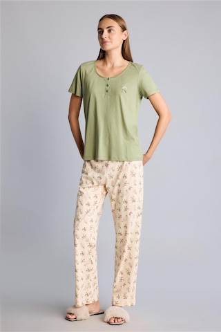 Defacto %100 Pamuk Regular Fit Kısa Kollu İşlemeli Üst Çiçekli Geniş Paça Alt 2li Pijama Takım I6408ax26aukh461 Haki-kh461