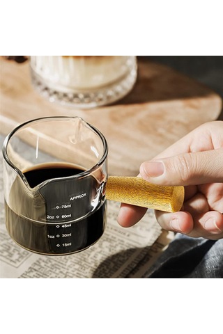 Xiyyadms 75ml Iki Açık Borosilikat Cam Ölçü Bardak, Ahşap Saplı Isı Yalıtımı, Dökmeyen V-şekilli Çıkış, Kahve/milk İçin Şeffaf