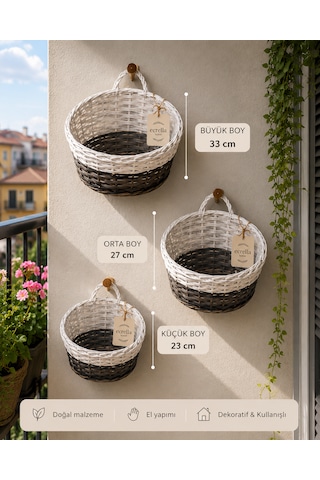 Home 3'lü Hasır Sepet Seti Dekoratif Duvar Sepeti Ve Saksılık 3 Boy