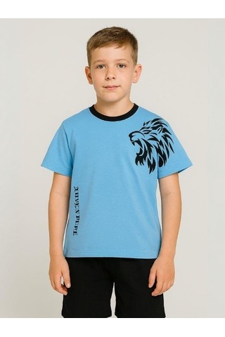 Çocuk Aslan Baskılı Pamuklu Oversize T-shirt-16014 Mavi