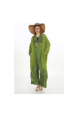 Bohem Stil Italyan Ipek Detaylı Oversize Kap Bluz- Wes Pantolon Takım-8863 Yağ Yeşili
