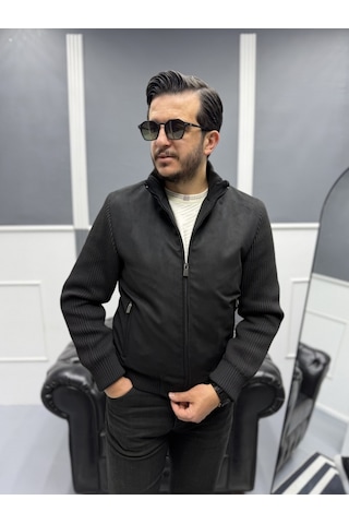 Avni Ceylan Erkek Nubuk Triko Kol Detaylı Slim Fit Mont Siyah