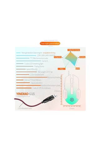 Cbtx Yındıao G15 Ayarlanabilir DPI 6 Tuşlu USB Kablolu Mekanik Oyuncu Mouse