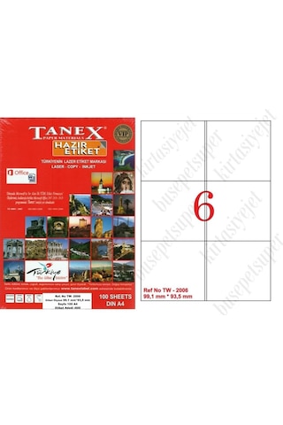 Tanex Tw-2006 Ebat 99 X 93 MM Laser Etiket A4 Sayfada 6 Etiket