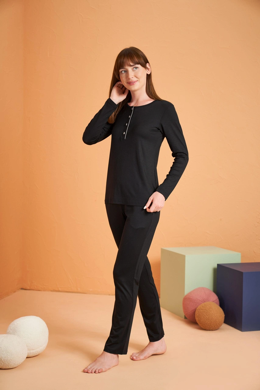 Pjs Kadın Viskon 4 Mevsim Kumaş Düğmeli Uzun Kollu Pijama Takım Siyah