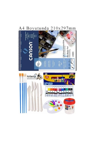 Canson Çok Amaçlı Sanatsal Blok A4 200 Gr 20 Yaprak 1 Adet Mydido 12 Renk Yağlı Boya Fırça Palet Spatula Fırça Temizleme