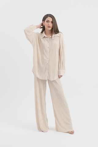 Düğme Detaylı Örme Pilise Takım - Bej-bej Bej