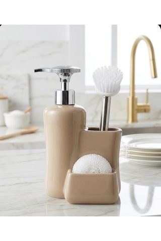 Porselen Tezgah Üstü Fırçalı Süngerli Sıvı Sabunluk Takımı 550 Ml Kahverengi