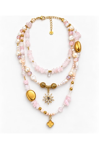 El Yapımı Pembe Doğal Taş Ve İnci Detaylı Çok Katlı Kadın Kolye Gold Charm Tasarım Pembe Altın Rengi