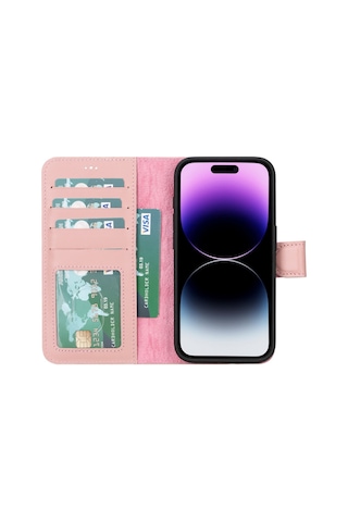 Plm Apple İphone 15 Pro Uyumlu Deri Cüzdanlı Kılıf Mwwn Nu2 Pembe Acı Kahverengi