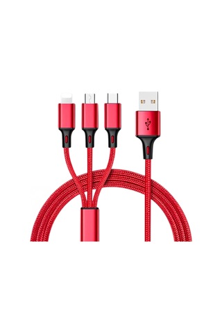 Hasır, 3 İn 1, Şarj Kablosu, Lightning & Micro Usb, Type-c, Ios, - Kırmızı