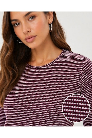 Wear Vexel Kadın Dokulu Çizgili Uzun Kollu Tişört Oval Kesim Basic Rahat Kalıp Bluz - Bordo Bordo
