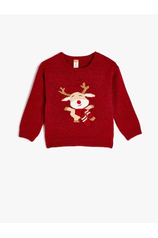 Koton Geyik Desenli Uzun Kollu Bisiklet Yaka Triko Kazak Kırmızı 5wmg90002ht Kırmızı