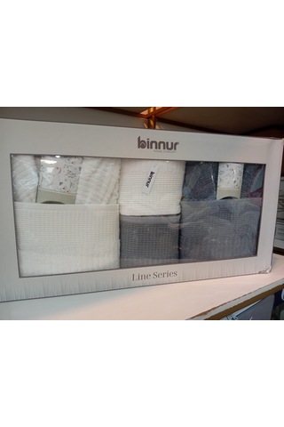 Binnur Line 10 Parça Aile Bornoz Takımı / %100 Pamuk / Aile Seti / Çeyizlik / Günlük / Modern / 1.kalite Beyaz - Antrasit