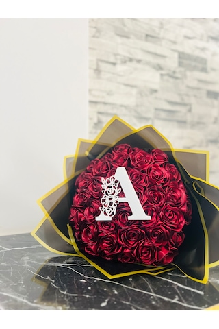41 Li Kişiye Özel 3d Harfli Gül Buketi Çiçek Bordo