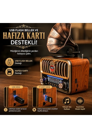 Nostalji Gramofon Tasarımlı Fm Radıo Hafıza Kartı Ve Usb Flash Bellek Destekli Şarj Edilelir Bluetooth Hoparlör