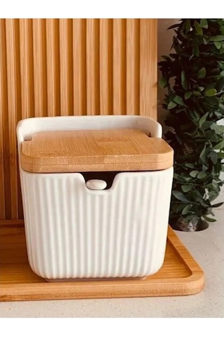 Qerhome Bambu Kapaklı Porselen Tuz Kabı Porselen Kaşıklı 1 Adet Beyaz