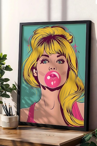 Balon Çiklet Şişiren Kadın Çerçeveli Tablo - Pop Art Poster Tablo