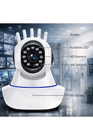 Güvenlik Kamerası Ethernet Girişli 360 Derece Dönebilen 3 Antenli Full Hd Smart Wifi Ip Kamera - Bebek Kamerası