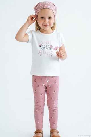Breeze Kız Çocuk Kısa Kollu Taytlı Takım Çiçek Desenli 1.5-5 Yaş , Ekru