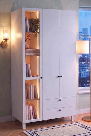 Robin Home Silva Temperli Camlı Neon Led Işıklı 3 Kapaklı 2 Çekmeceli Gardırop Elbise Dolabı Ahşap Ayaklı Sepet-beyaz 184cm