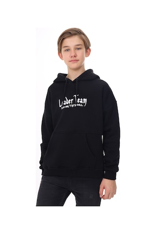 Toontoy Kids Toontoy Erkek Çocuk Oversize Kapüşonlu Cepli Düşük Omuz Baskılı Sweatshirt - 2 İplik Siyah