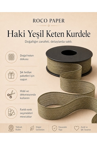 Haki Yeşil Keten Kurdele 2,5 Cm X 20 Metre, Hediye Paketi Ve Hobi Standart