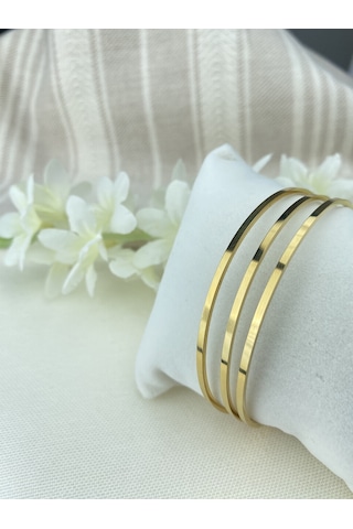 Çelik Bilezik Köşeli Ajda Model Üçlü Yüksek Kalite 316 L Paslanmaz Çelik Bileklik 22 Cm Gold