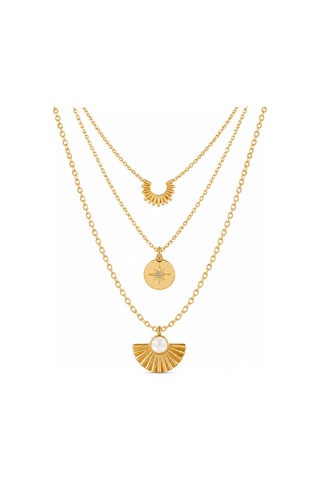 Aura Collection Solenne Güneş Figürlü Üçlü Katmanlı Gold Çelik Kolye Altın Altın