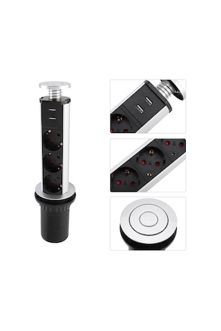 Xtechnx Xtechn476584 Vea Ve-24063 Üçlü 1.5 Metre Kablolu İki Usb Li 80mm Masaüstü Priz 1.5 M