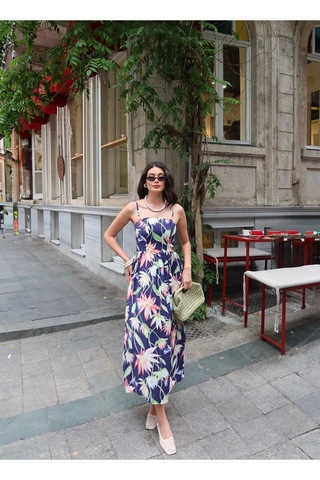 Kechi Woman Keten Desenli Omuz Bağlamalı Elbise Lacivert