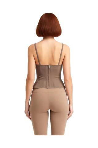 Ersefa Kadın Dokuma Bluz Peplum Detaylı Kalp Yaka Kolsuz Gabardin Kumaş Açık Kahverengi