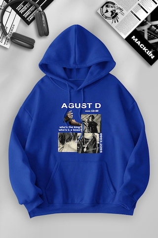 Macklin Unisex Kadın Erkek Agust D Bts Özel Tasarım Baskılı Kapşonlu Sweatshirt Mavi Mck1108 Mavi