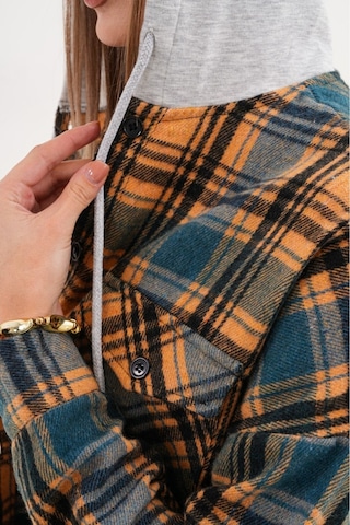 Kadın Desenli Renkli Oduncu Oversize Bol Ve Geniş Kalıp Casual Çift Kapüşonlu Ceket Gömlek Kahverengi - Mavi