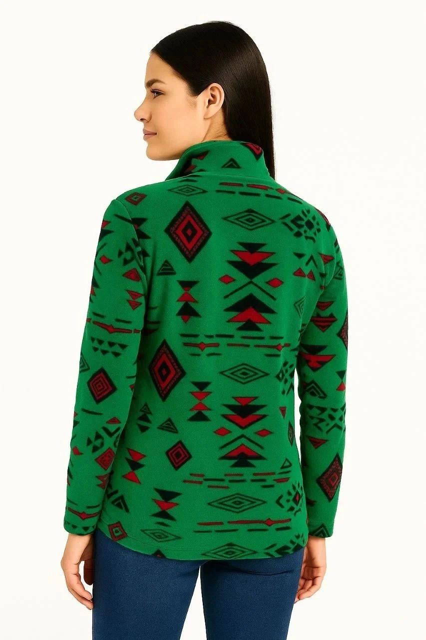 Kadın Yarım Fermuarlı Desenli Polar Sweat Tribal Etnik Desen Yakalı, Uzun Kollu, Oversize Rahat Kalı Yeşil